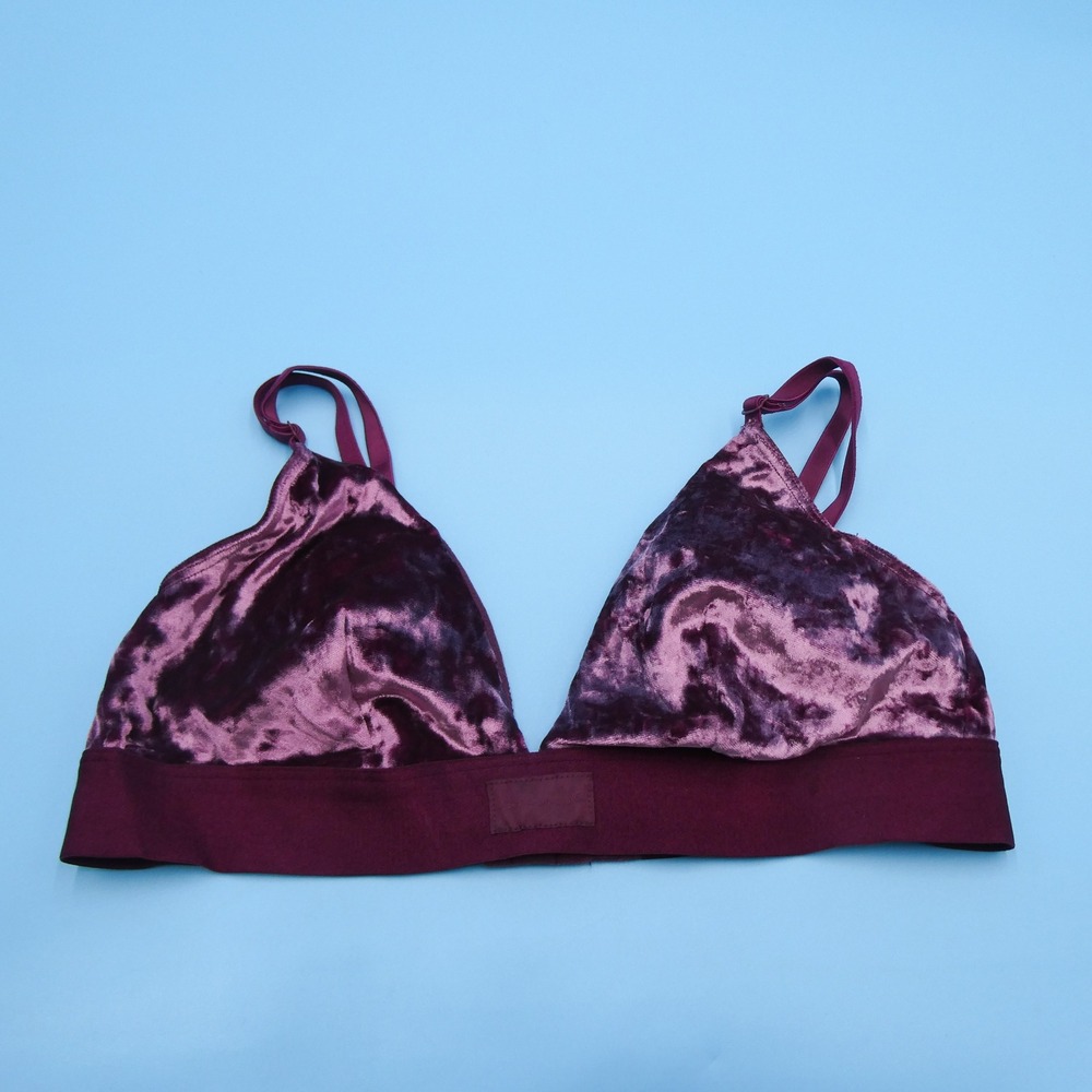 PINK Bralette Women Medium Crushed Velvet Plum Purple Wireless Stretch Polyester